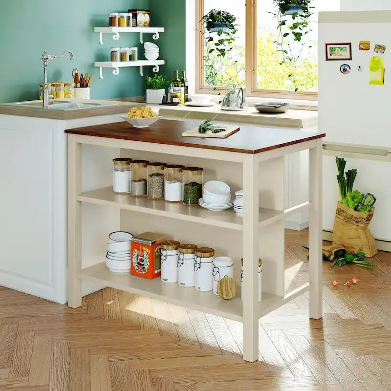 45-Inch Rubberwood Kitchen Island with 2 Open Shelves