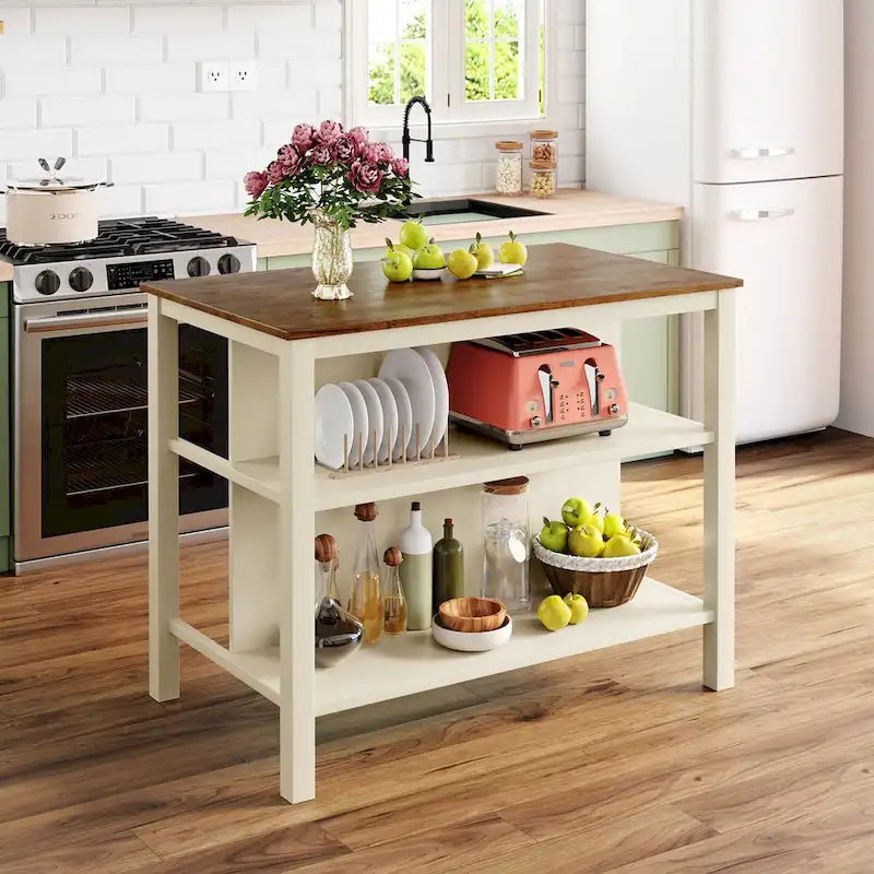 45-Inch Rubberwood Kitchen Island with 2 Open Shelves