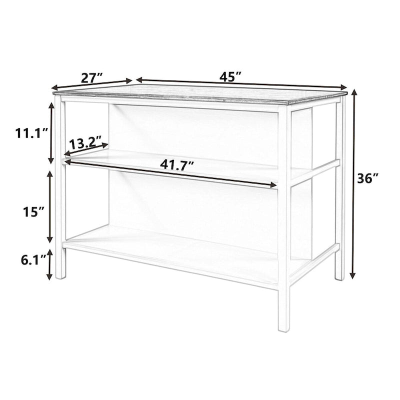 45-Inch Rubberwood Kitchen Island with 2 Open Shelves