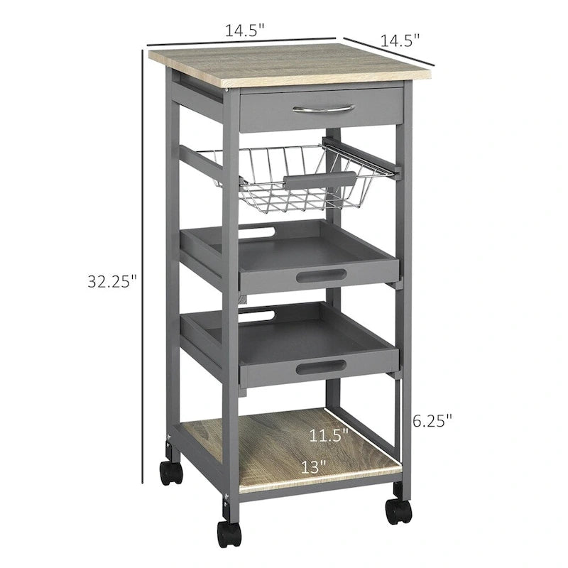 Rolling Kitchen Cart with Drawer and Removable Serving Trays