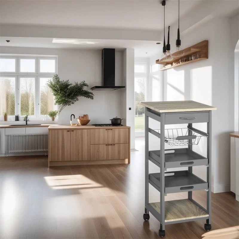 Rolling Kitchen Cart with Drawer and Removable Serving Trays