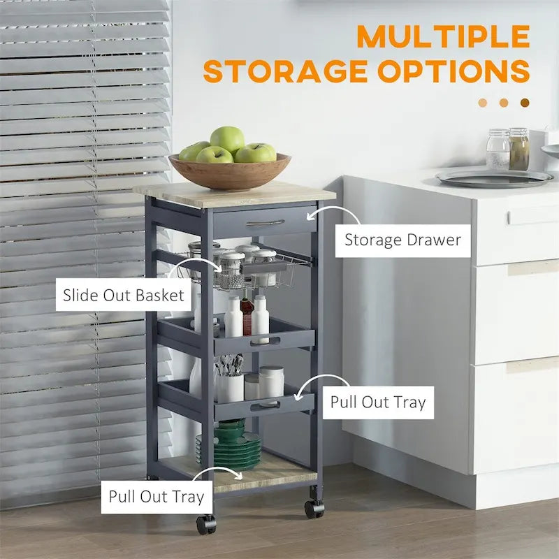 Rolling Kitchen Cart with Drawer and Removable Serving Trays