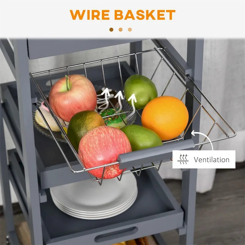 Rolling Kitchen Cart with Drawer and Removable Serving Trays