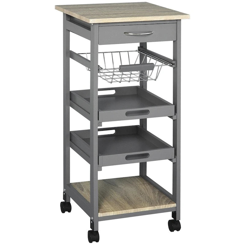 Rolling Kitchen Cart with Drawer and Removable Serving Trays