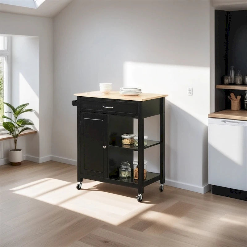 Rolling Kitchen Island Cart with Storage and Solid Wood Top
