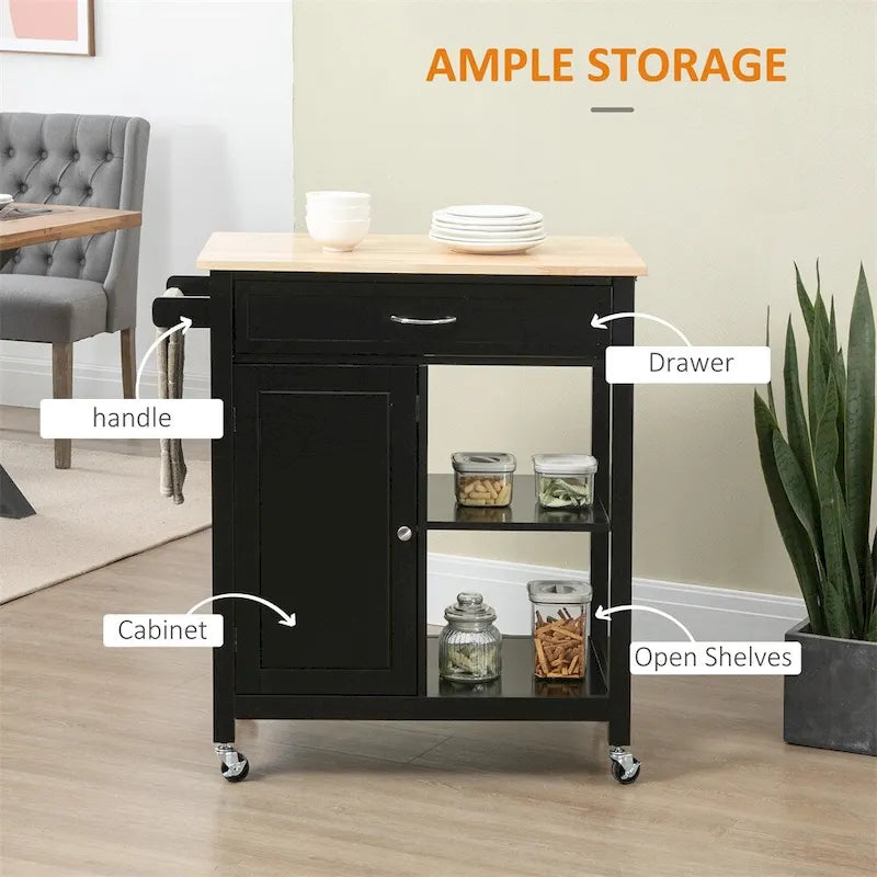 Rolling Kitchen Island Cart with Storage and Solid Wood Top