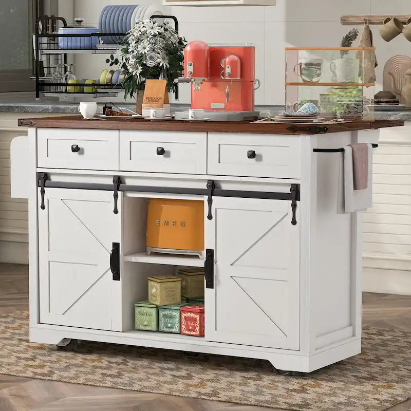 53.75-Inch Rolling Kitchen Island with Drop Leaf and Power Outlets
