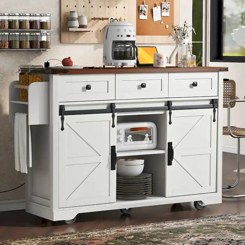 53.75-Inch Rolling Kitchen Island with Drop Leaf and Power Outlets