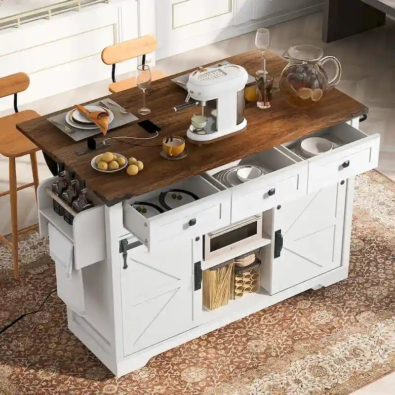 53.75-Inch Rolling Kitchen Island with Drop Leaf and Power Outlets