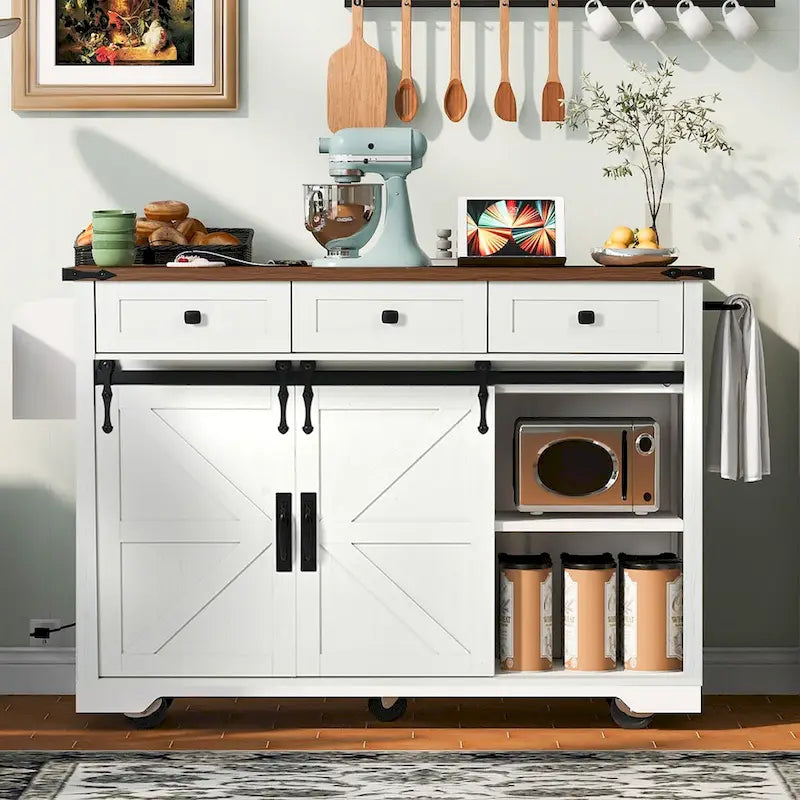 53.75-Inch Rolling Kitchen Island with Drop Leaf and Power Outlets