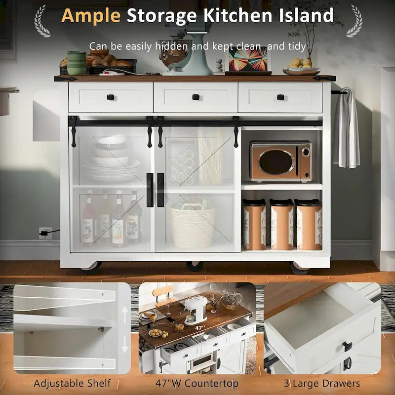 53.75-Inch Rolling Kitchen Island with Drop Leaf and Power Outlets