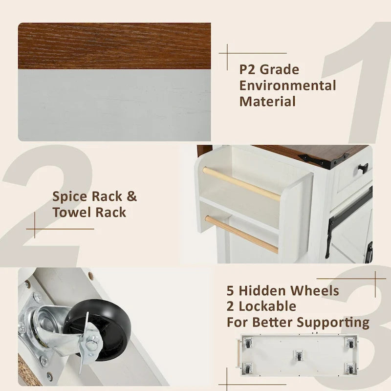 53.75-Inch Rolling Kitchen Island with Drop Leaf and Power Outlets
