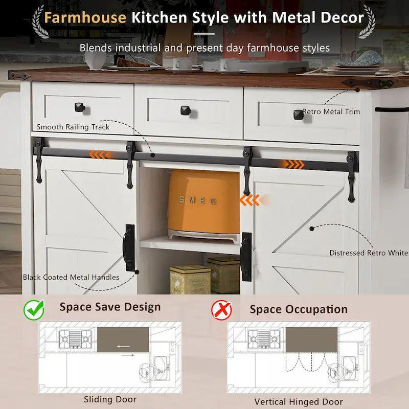 53.75-Inch Rolling Kitchen Island with Drop Leaf and Power Outlets