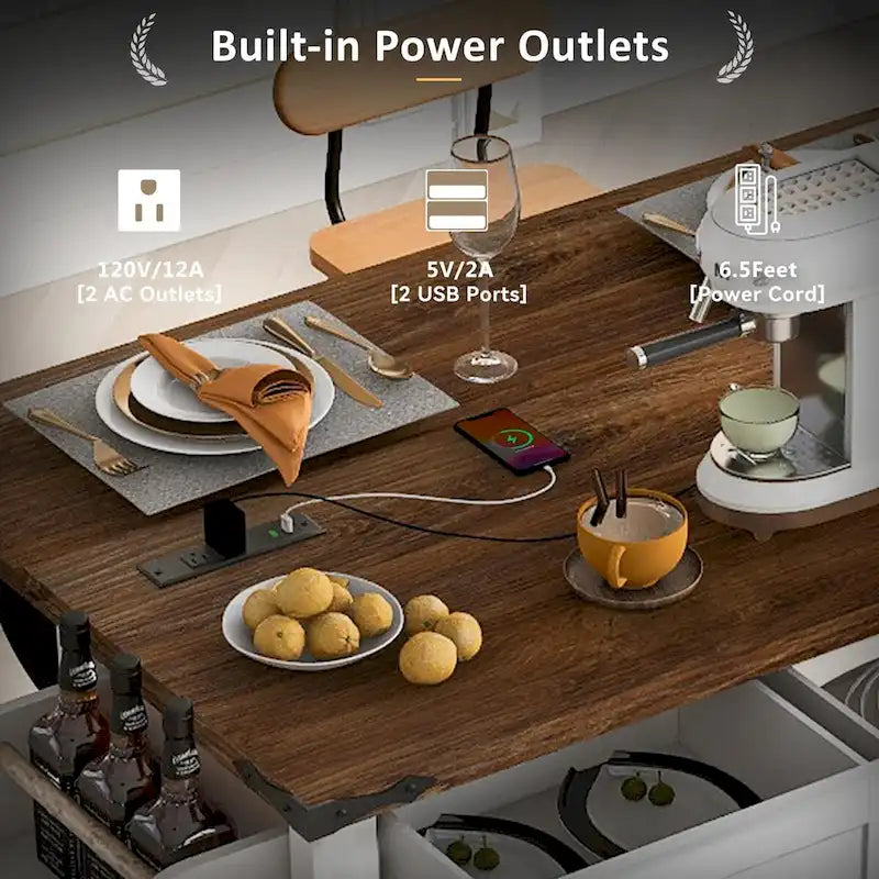 53.75-Inch Rolling Kitchen Island with Drop Leaf and Power Outlets