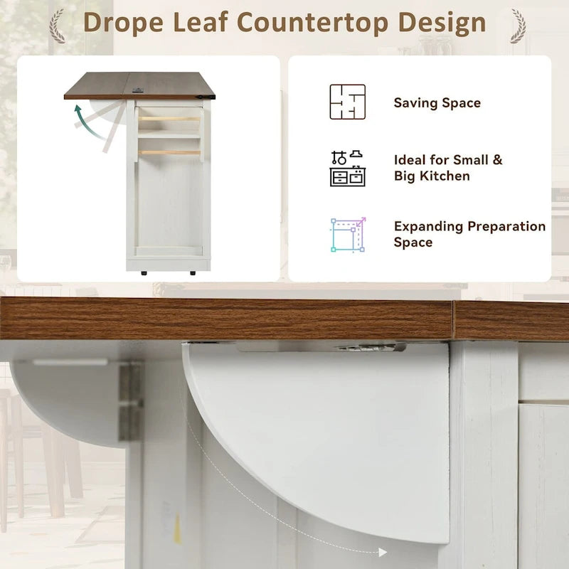 53.75-Inch Rolling Kitchen Island with Drop Leaf and Power Outlets