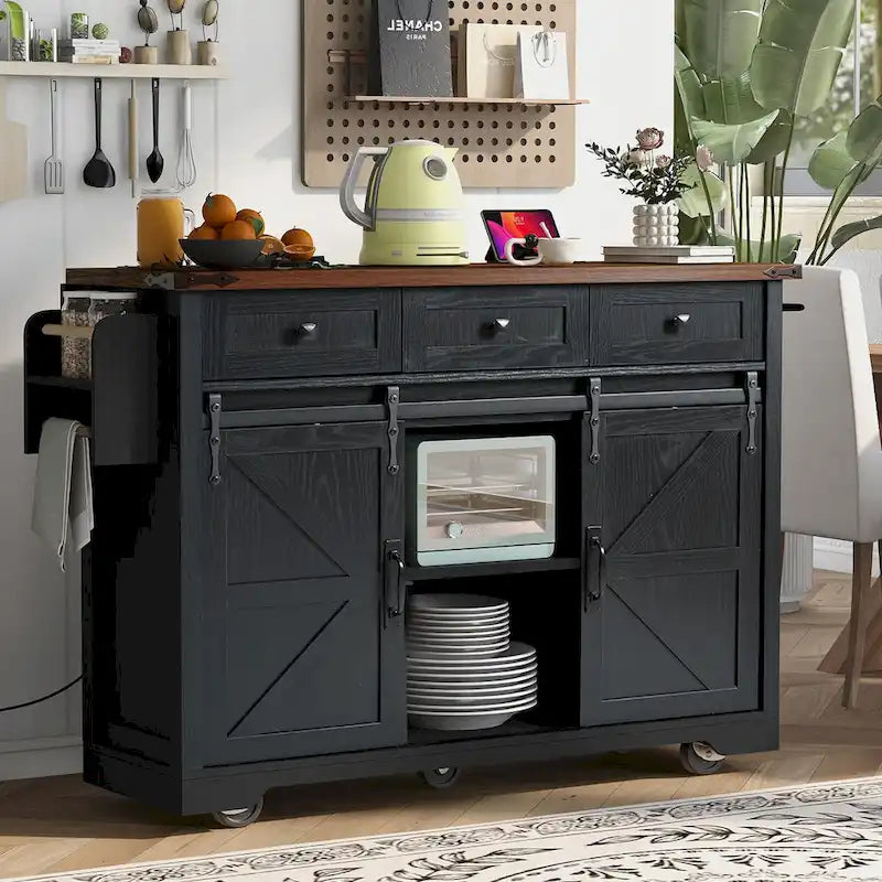 53.75-Inch Rolling Kitchen Island with Drop Leaf and Power Outlets