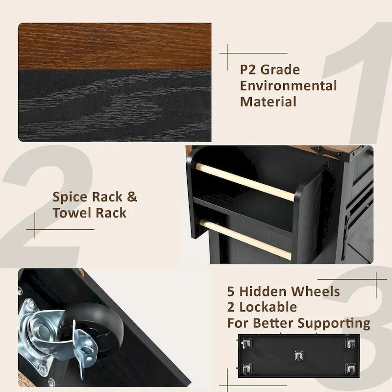 53.75-Inch Rolling Kitchen Island with Drop Leaf and Power Outlets