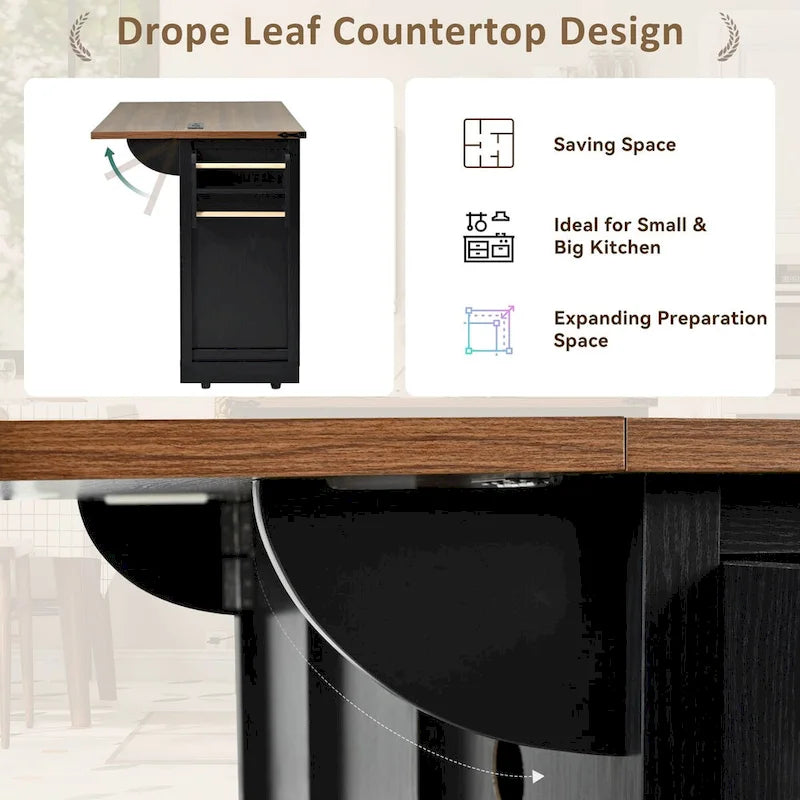 53.75-Inch Rolling Kitchen Island with Drop Leaf and Power Outlets