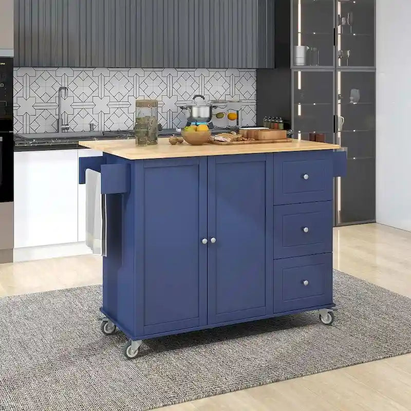 Rolling Kitchen Island with Drop Leaf, 3 Drawers and 2 Doors