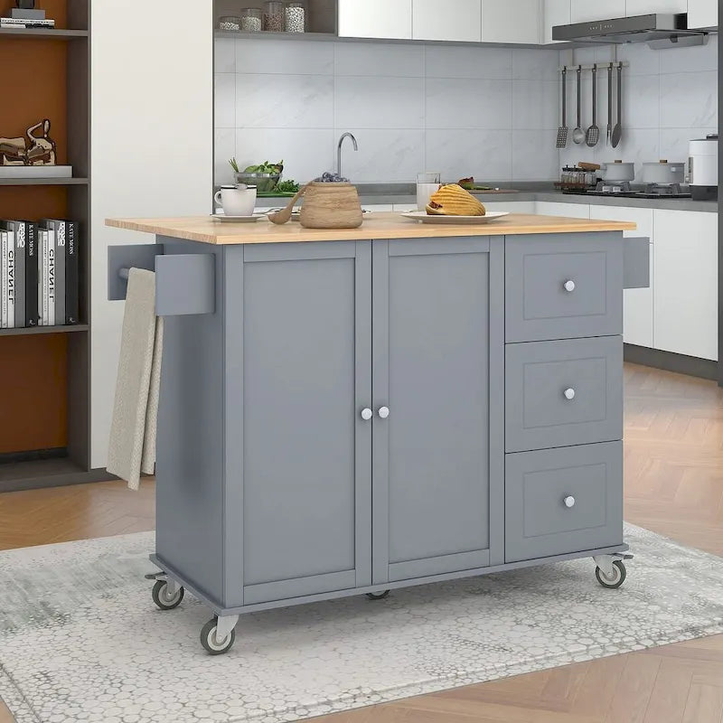 Rolling Kitchen Island with Drop Leaf, 3 Drawers and 2 Doors
