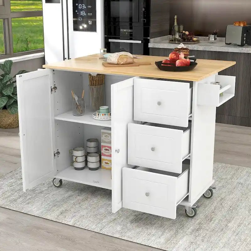 Rolling Kitchen Island with Drop Leaf, 3 Drawers and 2 Doors