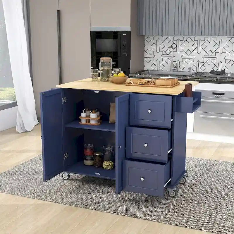 Rolling Kitchen Island with Drop Leaf, 3 Drawers and 2 Doors