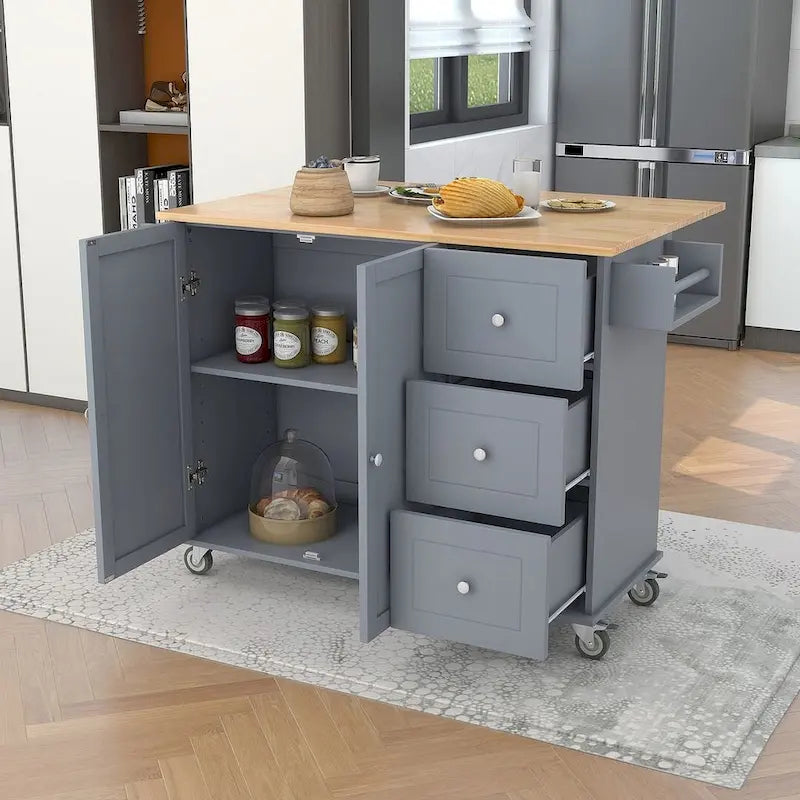 Rolling Kitchen Island with Drop Leaf, 3 Drawers and 2 Doors