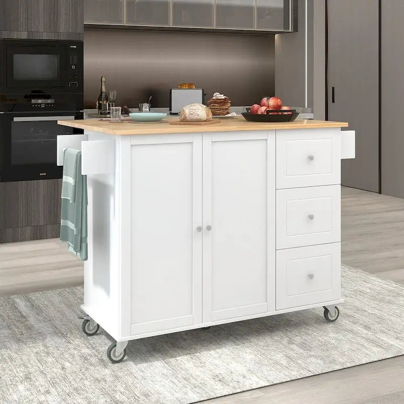 Rolling Kitchen Island with Drop Leaf, 3 Drawers and 2 Doors