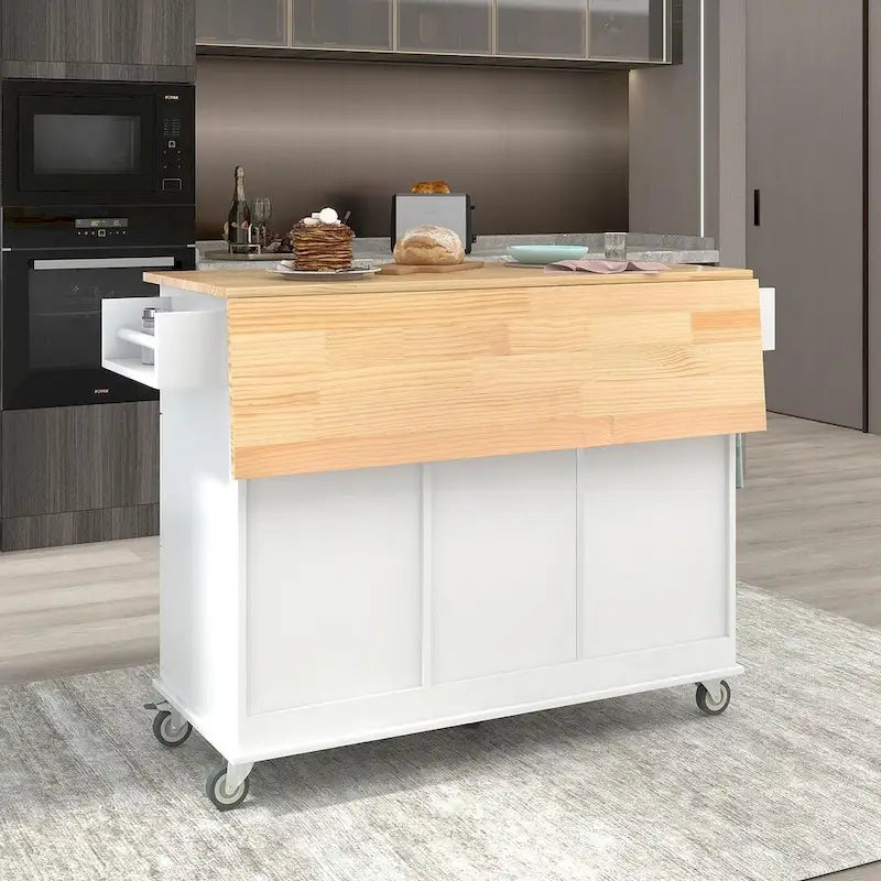 Rolling Kitchen Island with Drop Leaf, 3 Drawers and 2 Doors