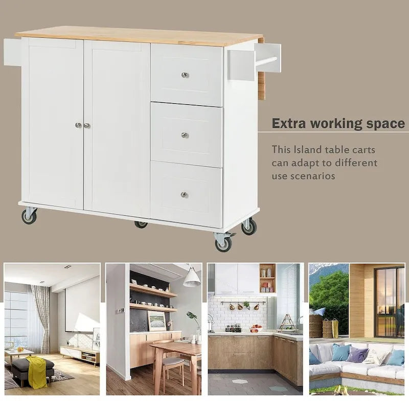 Rolling Kitchen Island with Drop Leaf, 3 Drawers and 2 Doors