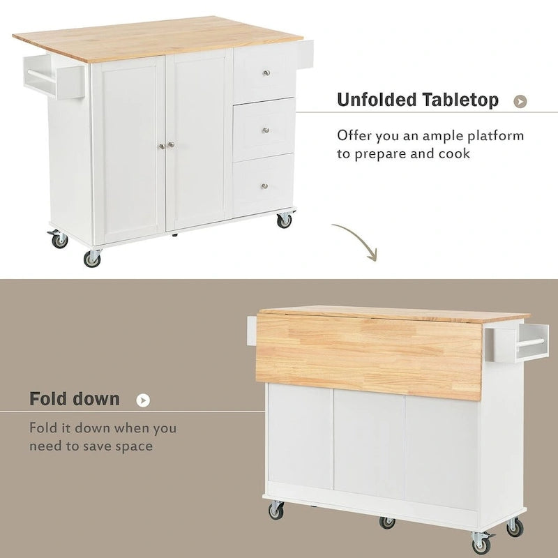Rolling Kitchen Island with Drop Leaf, 3 Drawers and 2 Doors