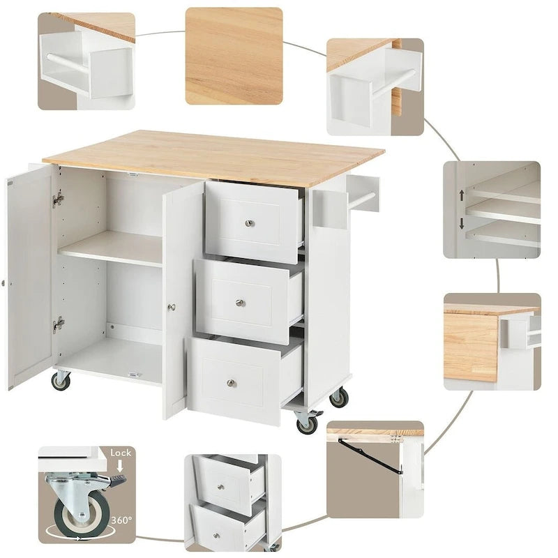 Rolling Kitchen Island with Drop Leaf, 3 Drawers and 2 Doors