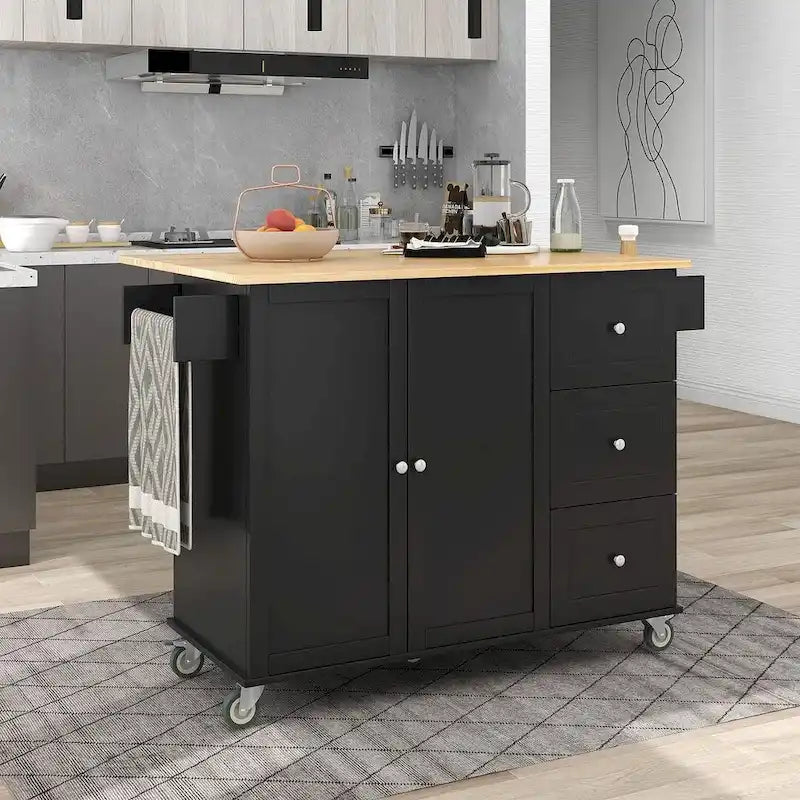 Rolling Kitchen Island with Drop Leaf, 3 Drawers and 2 Doors