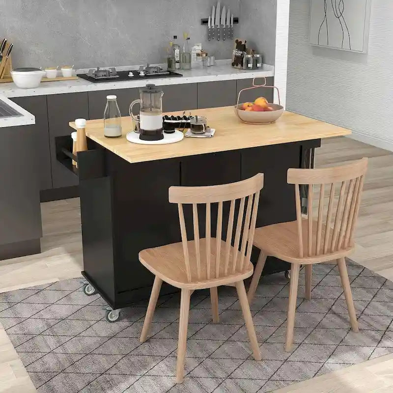 Rolling Kitchen Island with Drop Leaf, 3 Drawers and 2 Doors