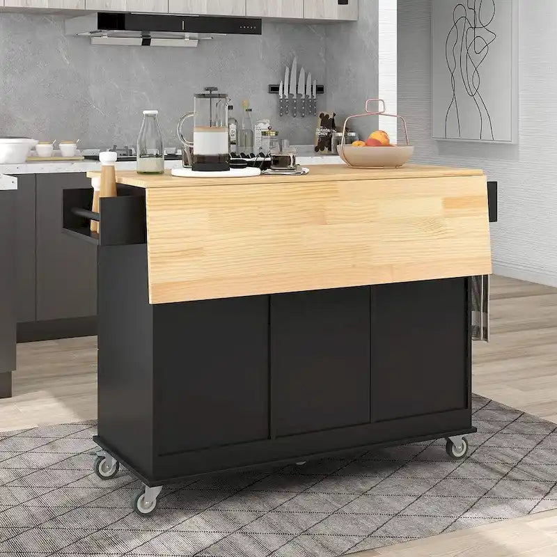 Rolling Kitchen Island with Drop Leaf, 3 Drawers and 2 Doors