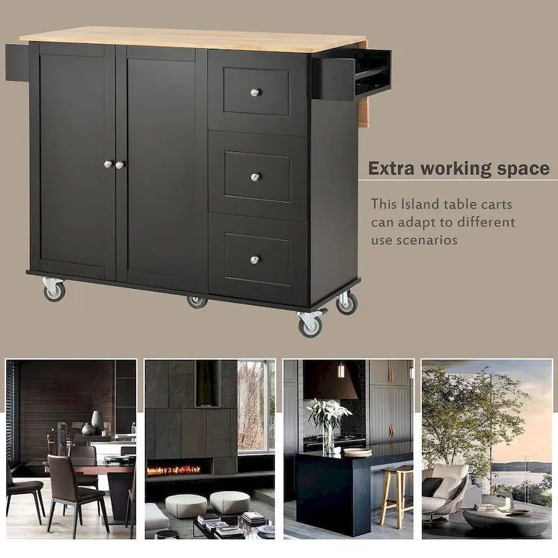 Rolling Kitchen Island with Drop Leaf, 3 Drawers and 2 Doors