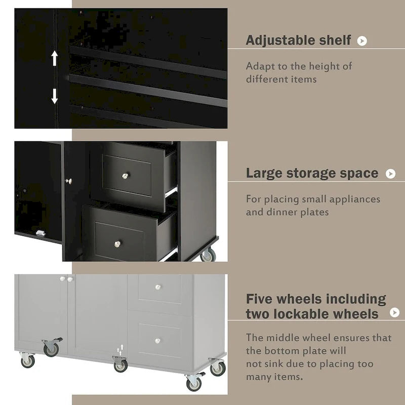 Rolling Kitchen Island with Drop Leaf, 3 Drawers and 2 Doors