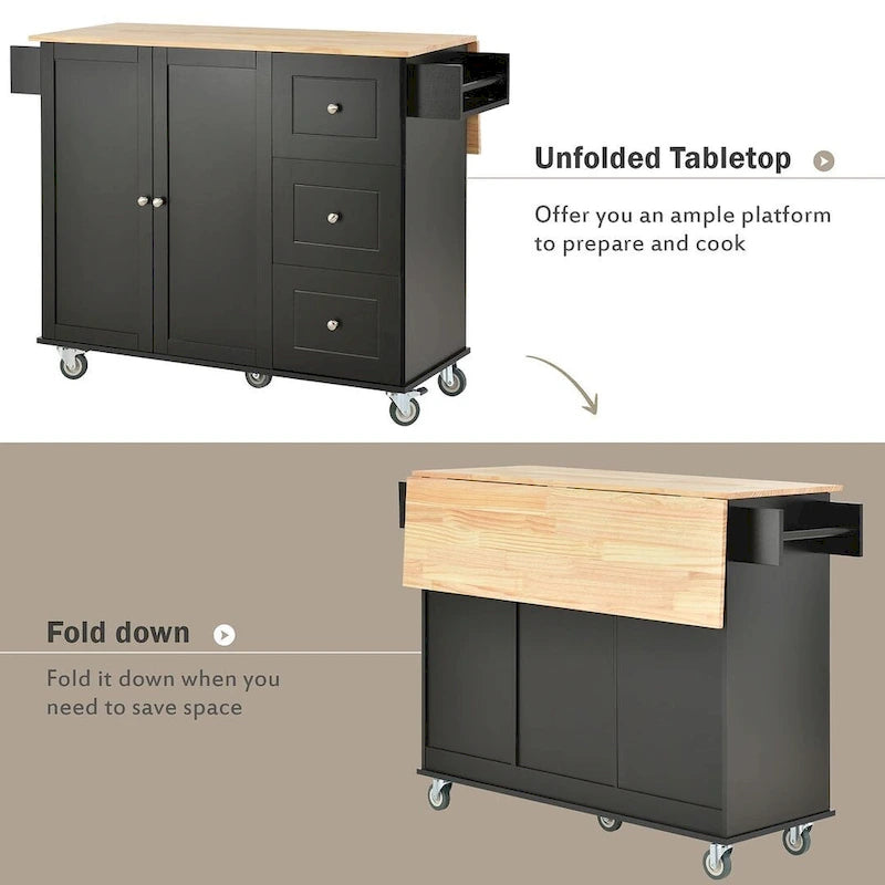 Rolling Kitchen Island with Drop Leaf, 3 Drawers and 2 Doors