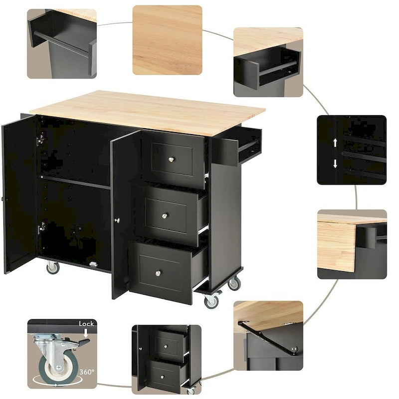 Rolling Kitchen Island with Drop Leaf, 3 Drawers and 2 Doors