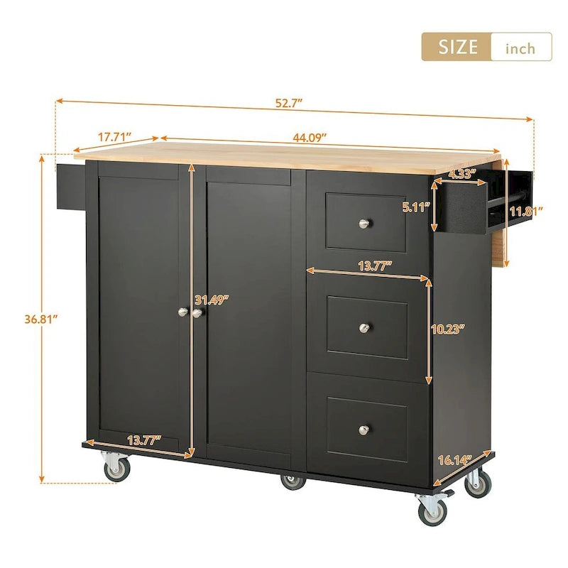 Rolling Kitchen Island with Drop Leaf, 3 Drawers and 2 Doors
