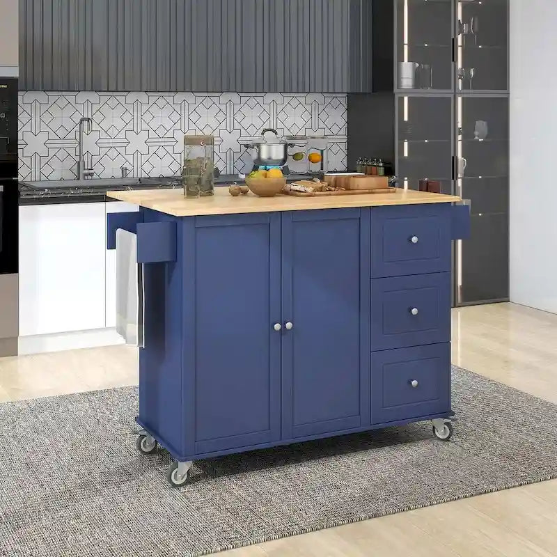 Rolling Kitchen Island with Drop Leaf, 3 Drawers and 2 Doors