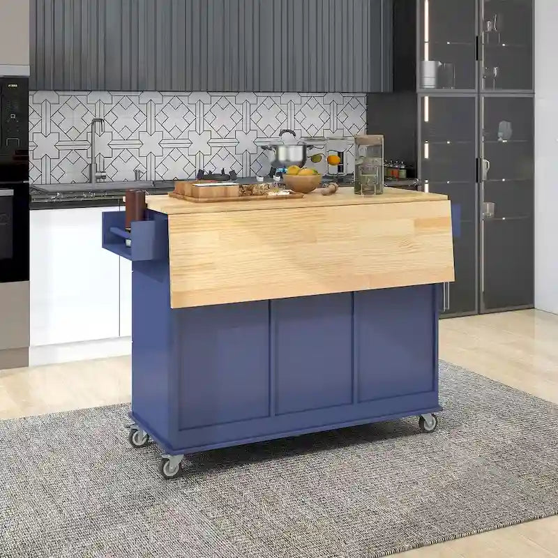 Rolling Kitchen Island with Drop Leaf, 3 Drawers and 2 Doors