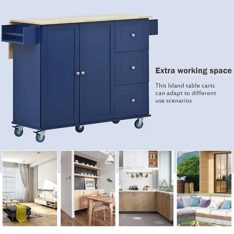 Rolling Kitchen Island with Drop Leaf, 3 Drawers and 2 Doors