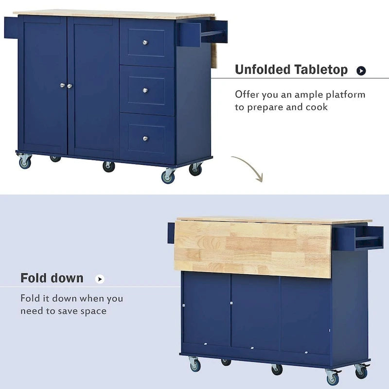 Rolling Kitchen Island with Drop Leaf, 3 Drawers and 2 Doors
