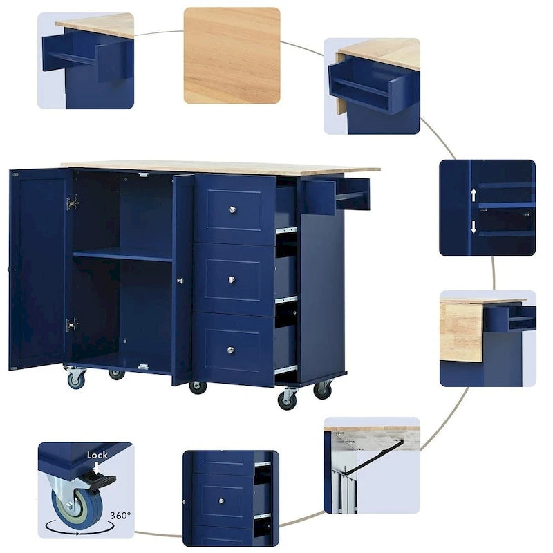 Rolling Kitchen Island with Drop Leaf, 3 Drawers and 2 Doors