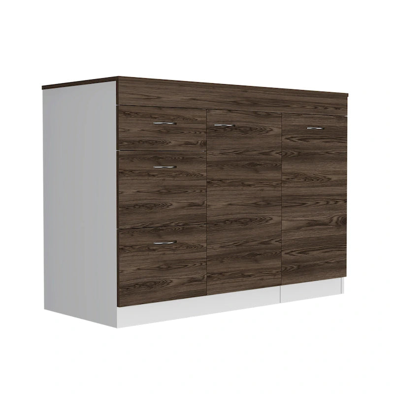 Kitchen Island with 3 Drawers and Cabinet, White and Dark Walnut