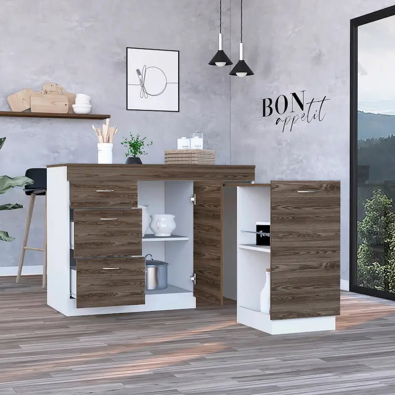 Kitchen Island with 3 Drawers and Cabinet, White and Dark Walnut