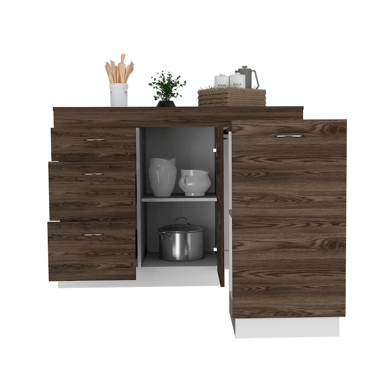 Kitchen Island with 3 Drawers and Cabinet, White and Dark Walnut
