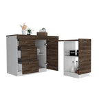Isla de cocina con 3 cajones y gabinete, blanco y nogal oscuro