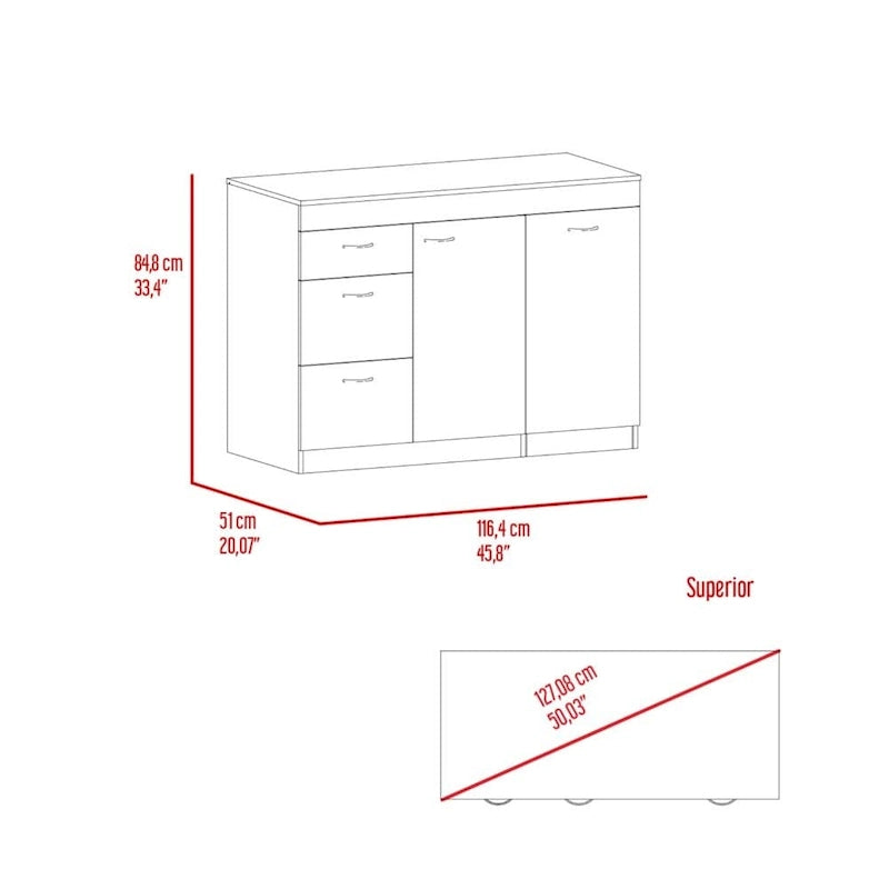 Kitchen Island with 3 Drawers and Cabinet, White and Dark Walnut